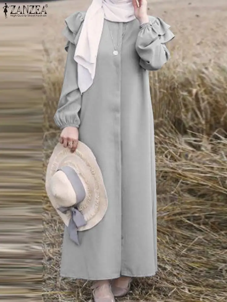 

Eid Mubarek Abaya Muslim Long Dress ZANZEA Elegant Ruffles Maxi Dresses Robe Buttons Vestidos Abayas For Women Isamic Clothing