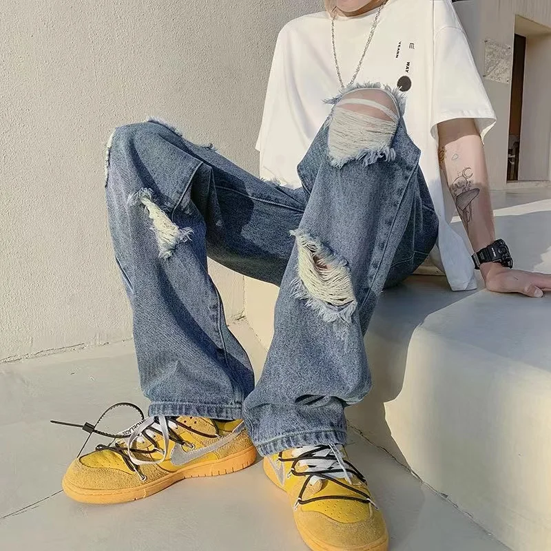 Y2K Vintage Streetwear Korean Fashion Ripped Baggy Pants Hip Hop Wide Leg Jeans for Men Denim Trousers Black Blue Male Clothing