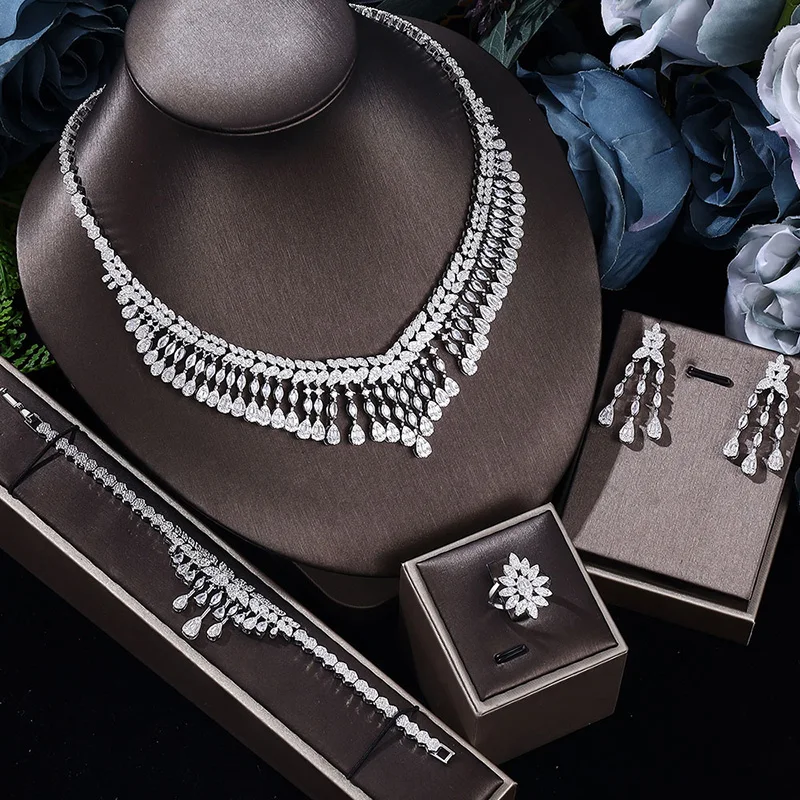 

4Pcs Cubic Zirconia Tassel Necklace Earrings Brcelet Ring Nigerian Dubai Bridal Wedding Jewelry Set for Brides