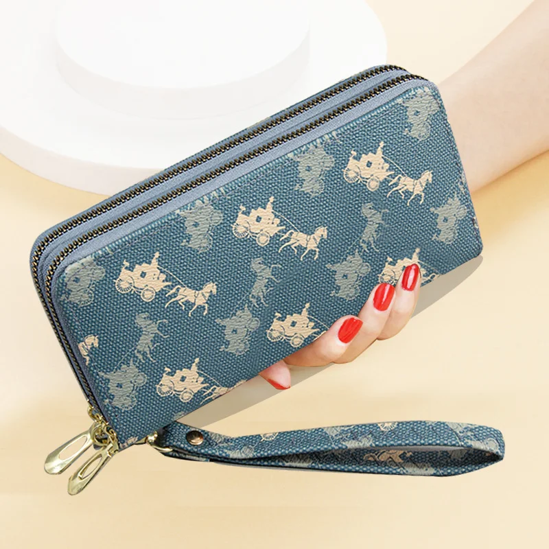 Double zipper wallet women's long new high-capacity double-layer wallet printed hand bag mobile phone bag
