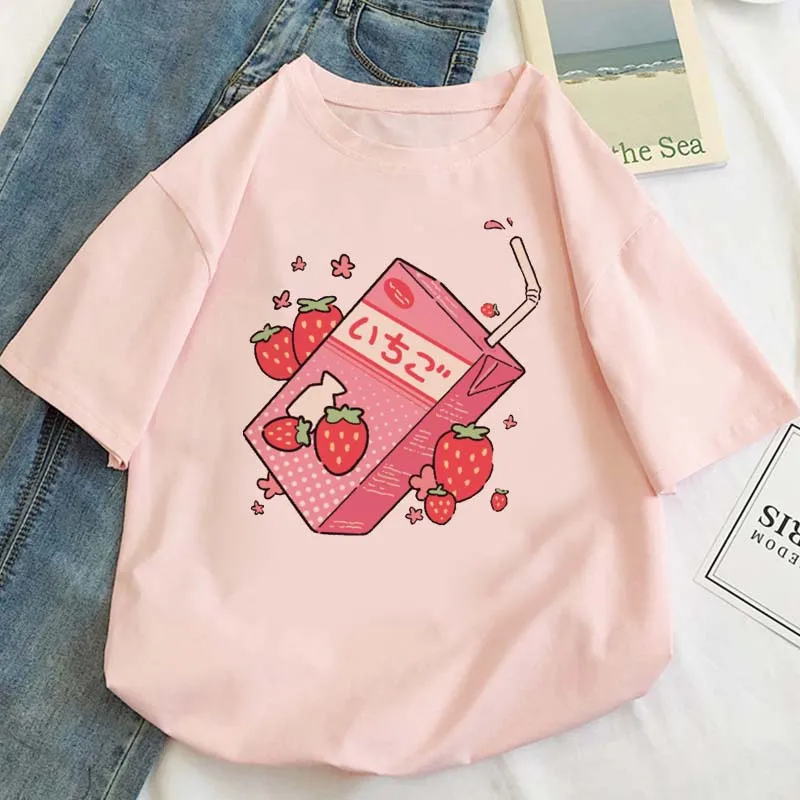 

Футболка женская с графическим принтом клубники и сока, милая японская Модная рубашка в стиле Харадзюку, эстетичный розовый топ, на лето