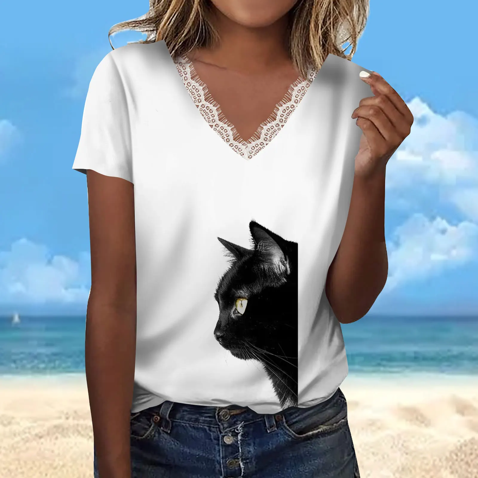 

New Women's V-Neck T Shirt Summer Trend 3D Cat Print Short Sleeve Women's Aesthetic Lace V-Neck T Shirt Comfortable Y2K Tops
