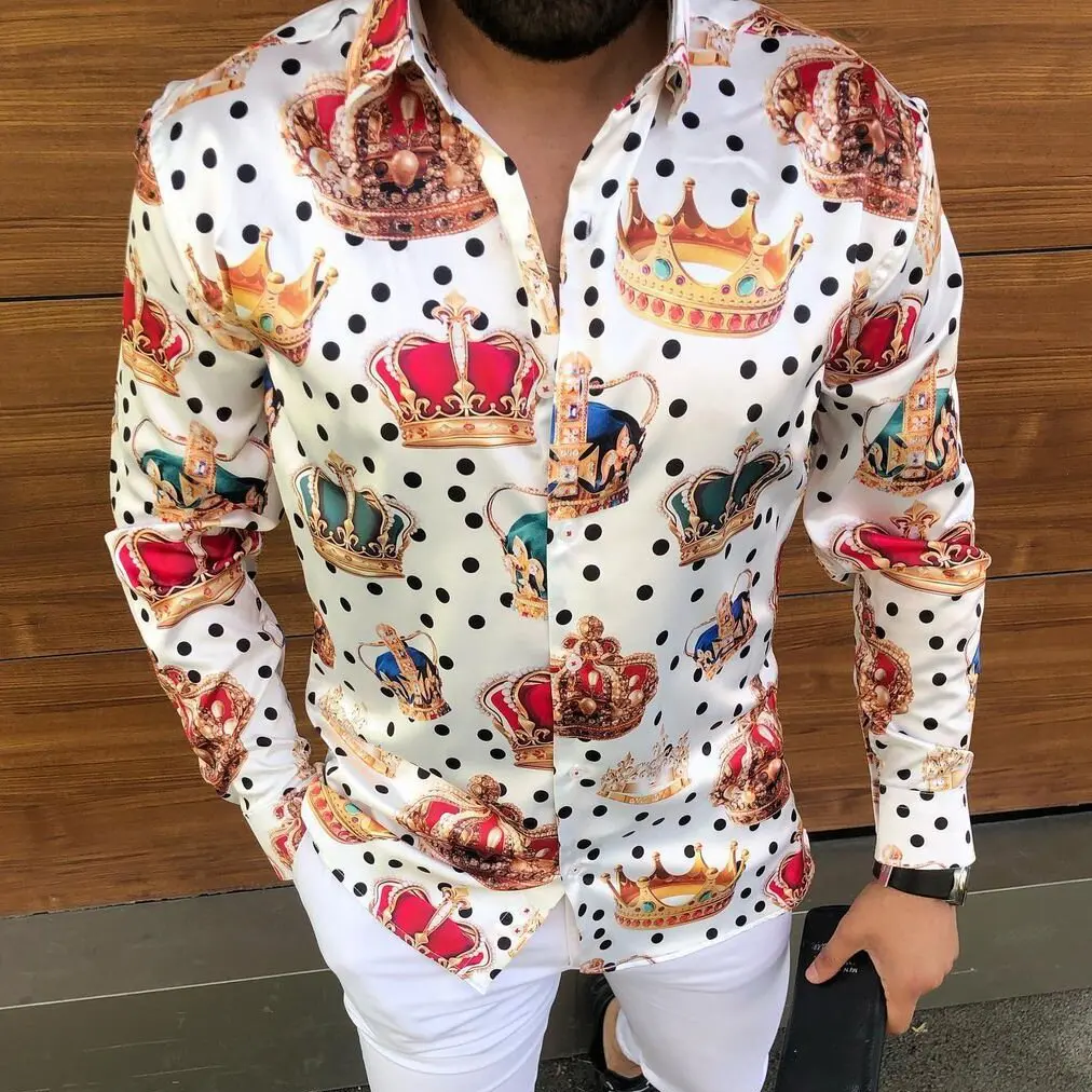2022 fashion Men's Casual Fashion Dot Crown Flower Print Long Sleeve Silky Shirt
