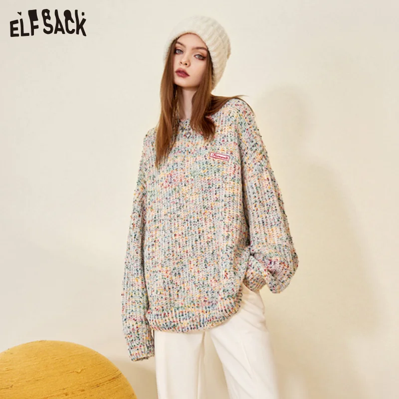 ELFSACK Pullover Vintage Sweaters Women 2022 Winter Loose Long Sleeve Sweet Knitwears