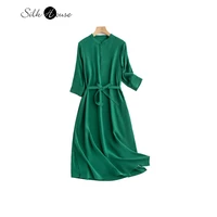 2022 womens fashion new 100natural mulberry silk dress dark green temperament stand collar loose long dress