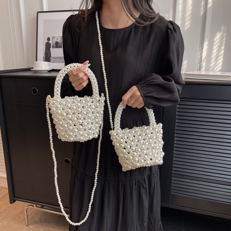 

Beading Handmade Woven Bag Luxury Pearl Evening Clutch Bag For Women Vintage Bucket Handbag Summer Mini Crossbody Bag Female