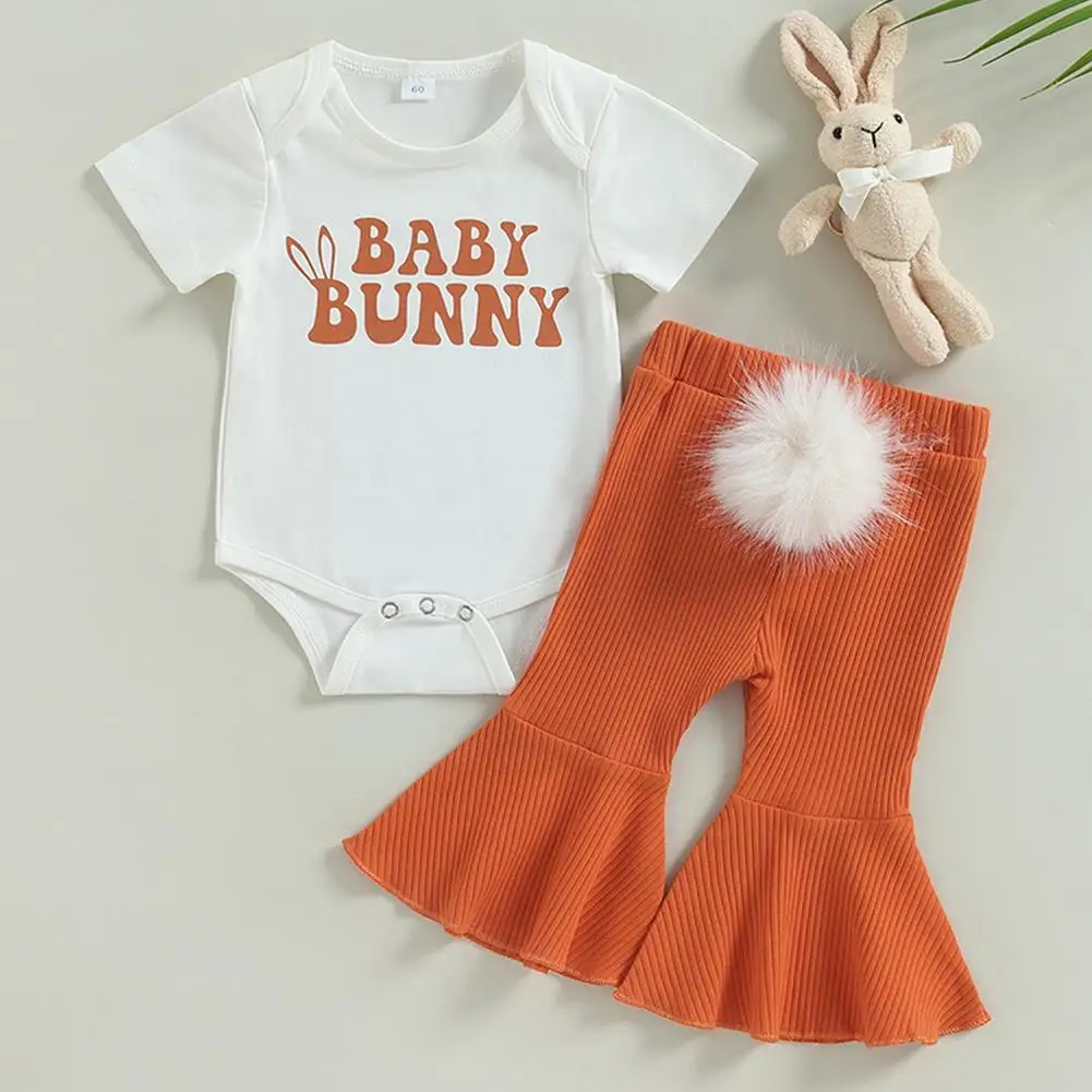 

Baby Girls Letter Short Sleeve Bodysuit Bell Pants Suit Fashion Toddler Kids Casual Outfits Easter Summer Romper Infant Clo P7R0