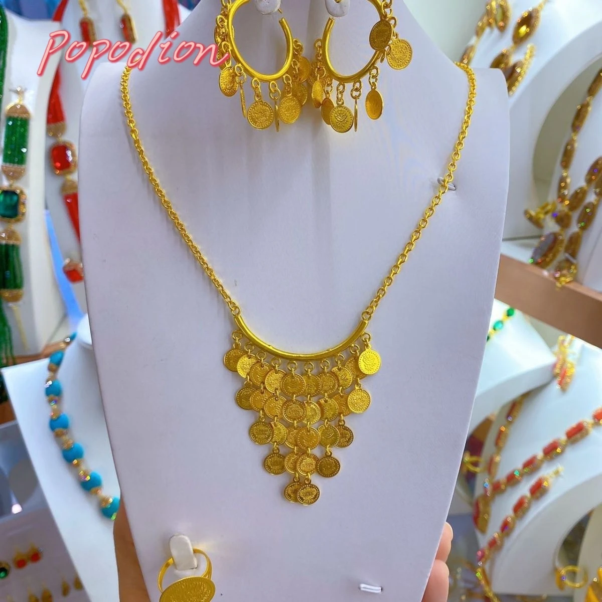 Женский комплект из колье и серёг с золотым покрытием 24 к