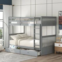 Home Modern Wooden Furniture Bedroom Furniture Beds Frames Bases Twin-Over-Twin Bunk Bed With Ladders Two Storage Drawers Gray