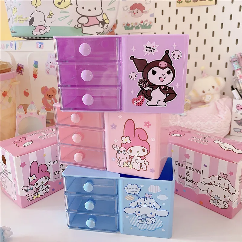 

Japanese Sanrio Anime My Melody Kuromi Cinnamoroll Desktop Pen Holder Drawer Organizing Box Mini Student Jewelry Small Cabinet