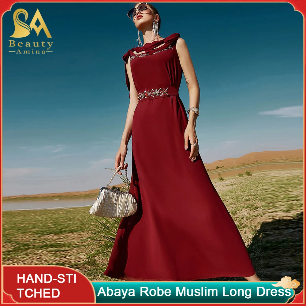 Abaya Robe New Burgundy Sleeveless Lace-Up Dress Hand Sewn Drill Dubai Travel Hip Dress Islamic Festival Muslim Ethnic Dress