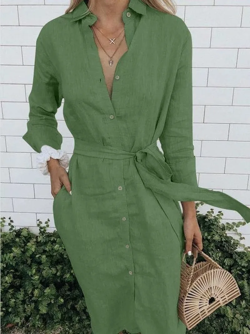 

Large 5xl Green White Black Linen Dress Women Sashes Long Sleeve Button Up Long Shirt Dress 2023 Casual Robe Chemise Femme