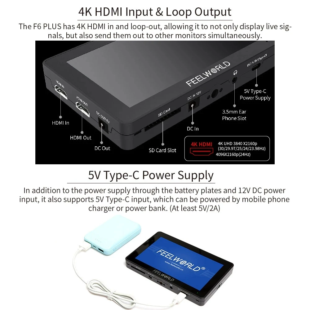 Монитор FEELWORLD F6 PLUS V2 4K 6-дюймовый для камеры DSLR полевой монитор 3D LUT сенсорный экран