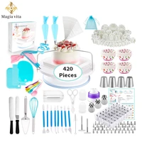 420 pcs cake cut slicer silicone icing piping cream decorating tools turntable nozzle pastry bag spatula spoon fondant tool set