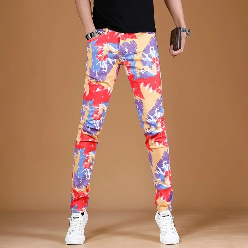 

Jeans Men Summer Fashion Colourful Print Pants Streetwear Casual Straight Slim Fit Denim Trousers CP1628