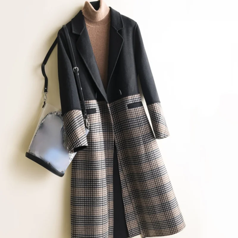

2023 Autumn 100% Genuine Wool Coat Women Double-faced Woolen Coat Fashion Black Plaid Long Women's Jacket Casaco Feminino Gmm240