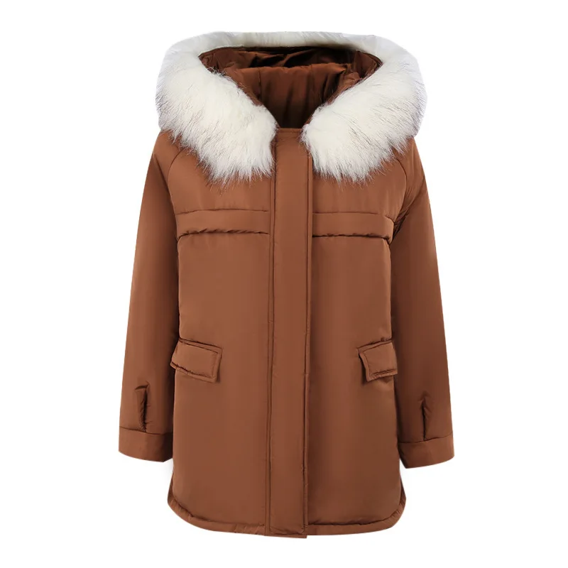 2021 Winter New Loose Hooded Fur Collar Zipper Cotton Jacket Women Street Hipster Casual Long-sleeved Warm Women's Fashion Top