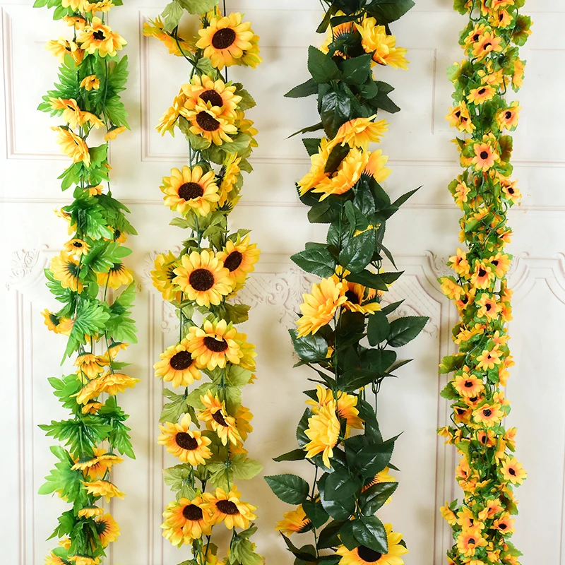 

Sunflower Artificial Flowers Vine with Green Leaves Silk Sunflowers Garland Fake Flower Rattan for Wedding Party Home Decoration
