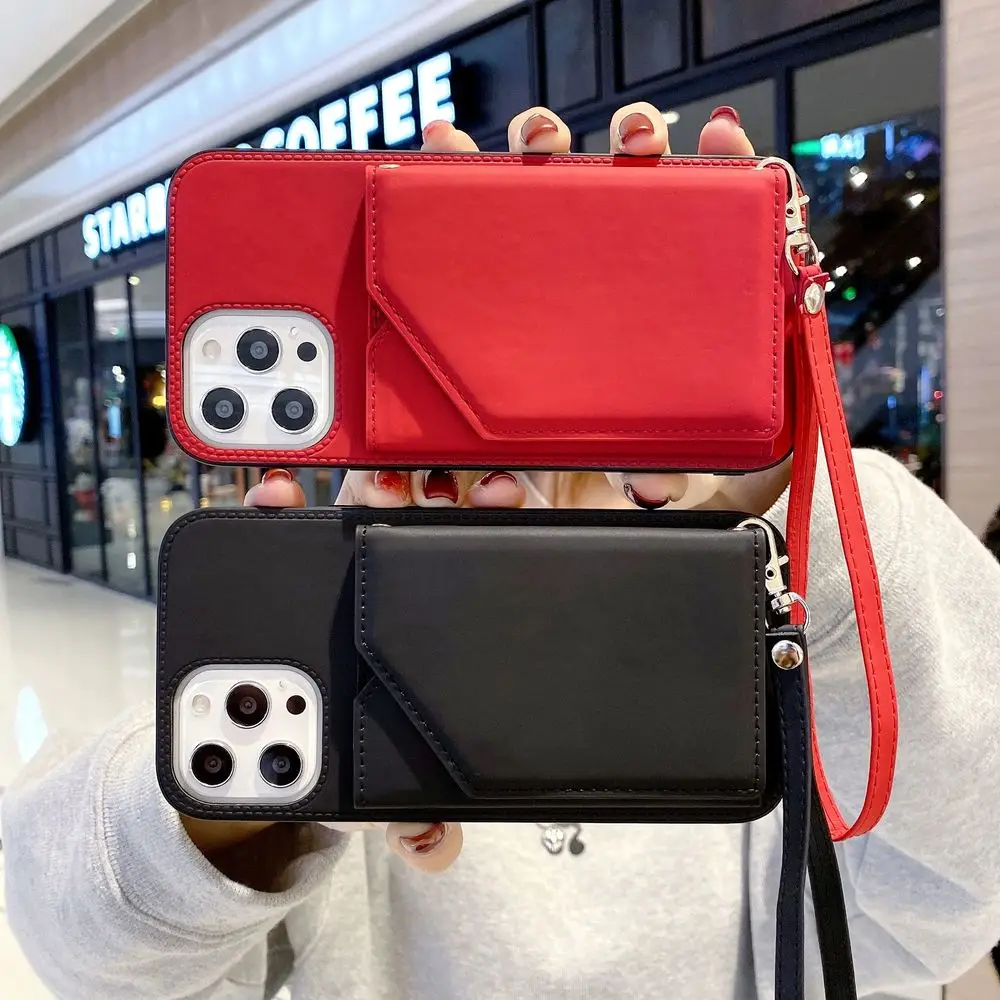 Phone Case with Card Holder for iPhone 14 13 12 Mini SE2 11 Pro Max XR XS 7 8Plus TPU Shockproof Back Cover Leather Lanyard Etui