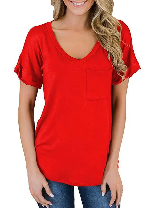 

2022 NEW FASHION WOMEN Women's Tops Solid Color Casual V-Neck 100% Cotton Short Sleeves 2022