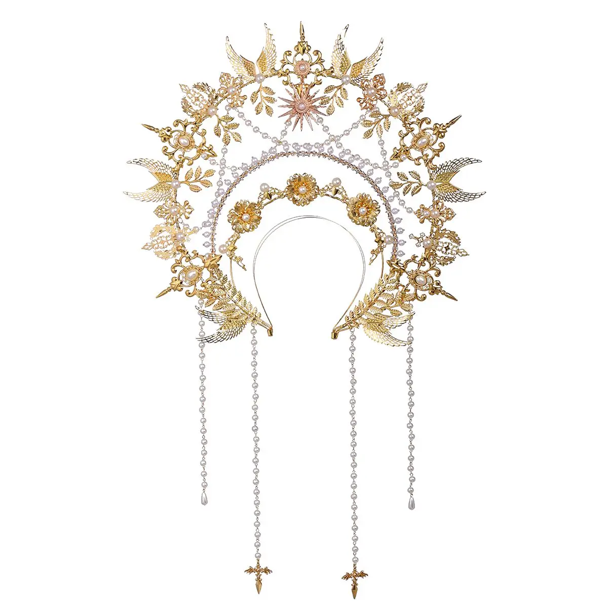 Sun Goddess Angel KC Halo Crown Headpiece Gold Queen Anna Baroque Pearl Tiara Headband Lolita Collection Gothic Accessories