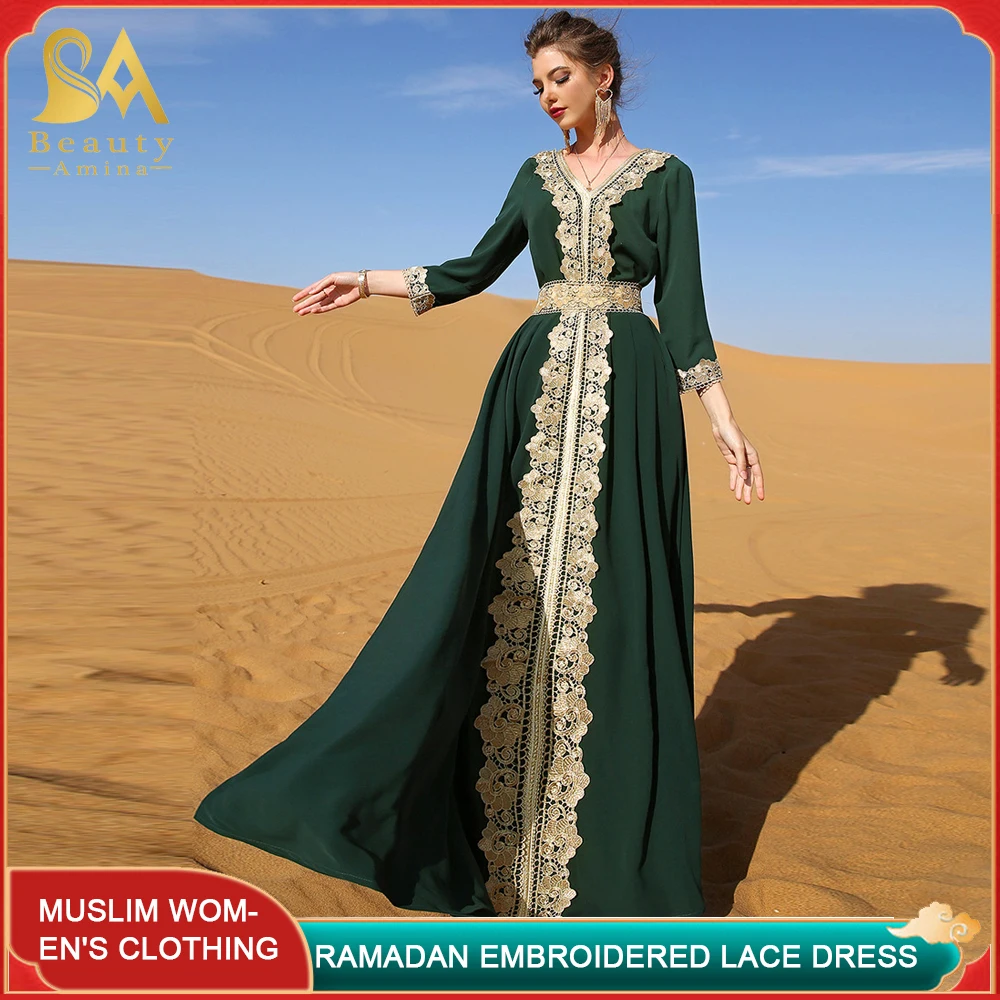 Muslim Dress Dark Green Embroidered Lace Long Dress V-neck Hand Sewn Drill Elegant Retro Robe Holiday Party Ramadan Festival