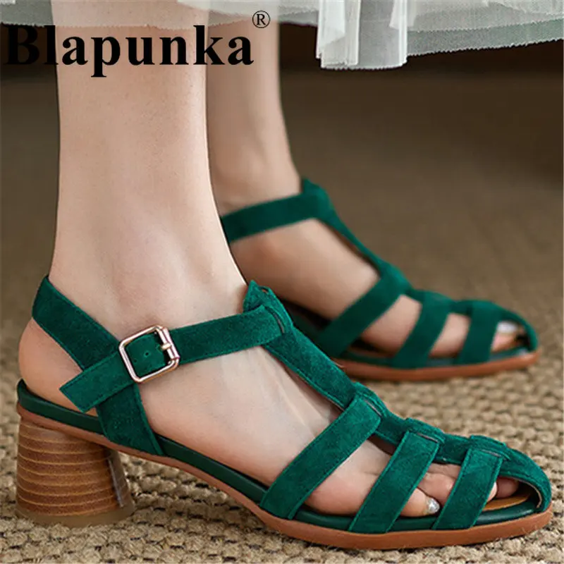 

Blapunka Retro Women's Kid Suede T-strap Gladiator Sandals Woven Buckle Cutout Shoes Nude Green Medium Chunky Heels Sandal Woman