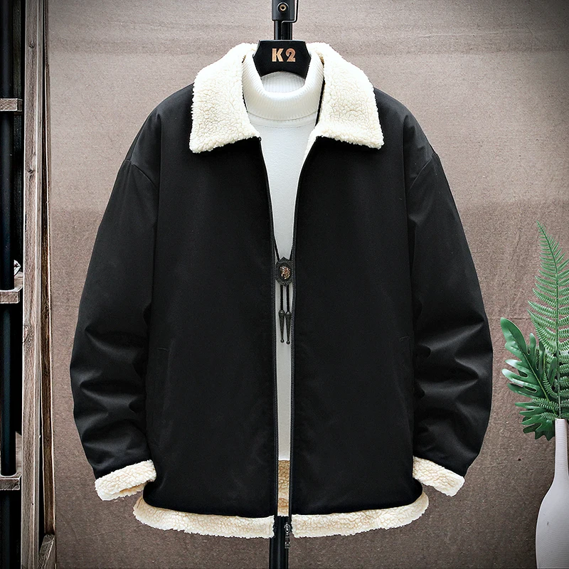 

Men's Lamb Wool Super Soft Fleece Thickened Warm Jacket Winter Middle-aged Men's Lapel Lamb Fur Collar Casual Short Coat Black