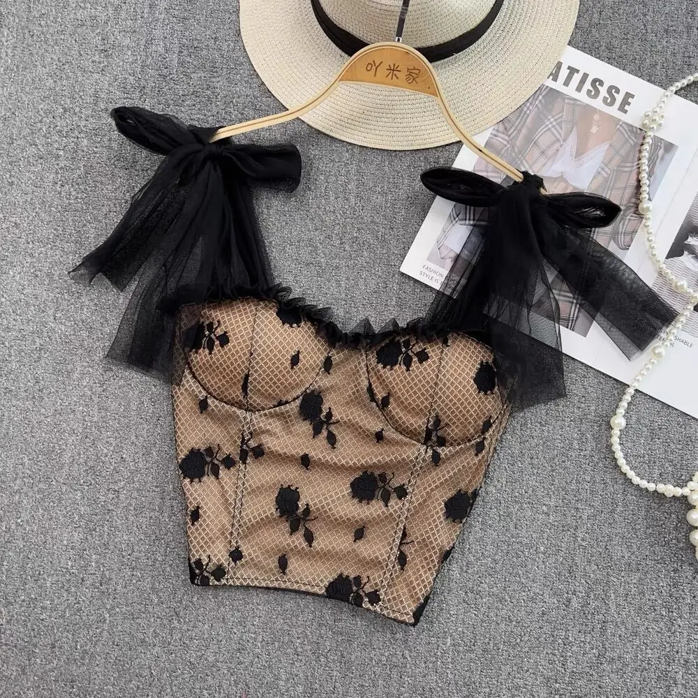 

butterfly Lace Tank Tops Women tanks and Cami Sweet corset bustier off shoulder Korean crop top cute women clothes harajuku