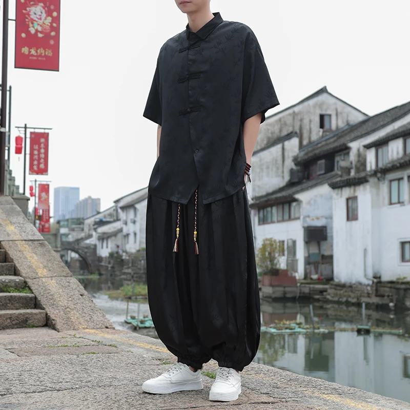 Мужская летняя жаккардовая винтажная свободная повседневная рубашка с коротким