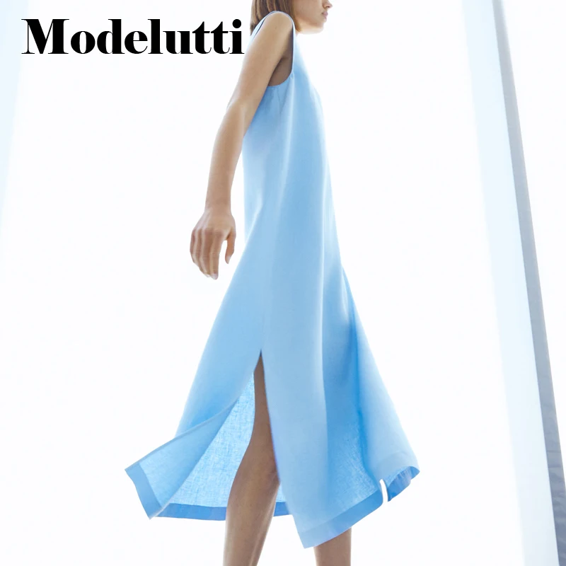 

Modelutti 2022 New Summer Linen Sleeveless Backless Design Dresses Women Solid Simple Elegant Casual Suspenders Dress Female
