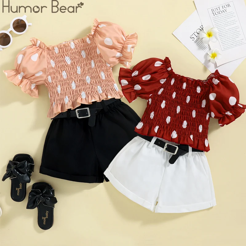 

Комплект одежды Humor Bear для девочек, лето 2022, топ с коротким рукавом и шорты с поясом в горошек, 2 шт., детская одежда