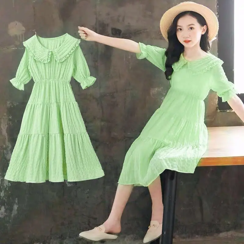2022 New Summer Kids Dresses Lapel Tight Waist Cotton Linen Dress Children's Party 2 To 12 Years Old Puff Sleeve A-Line |