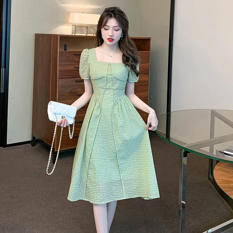 

Summer Women's Dress 2021 2022 New French Style Puff Sleeve Square Collar High Waist White Black Green Dresses Dropshipping