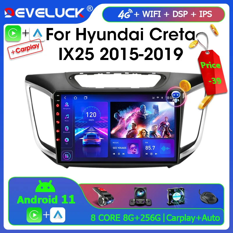Автомагнитола 2 Din на Android 11, мультимедийный видеоплеер с разрезом экрана для Hyundai Creta IX25 2015-10,1, GPS навигатор, 4G, 2020 дюйма