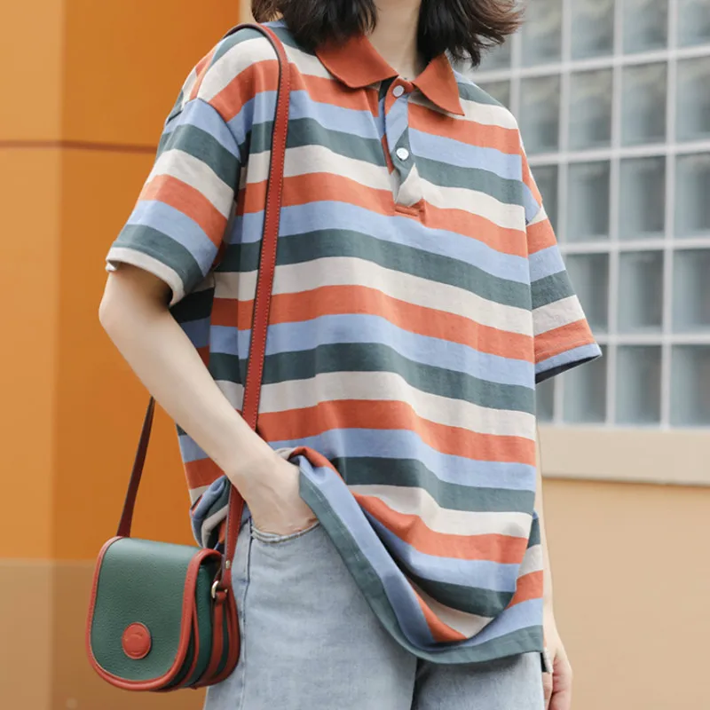 

Women Summer New Turn-down Collar Striped Short Sleeve Tops Loose Casual Vintage T-shirts 2023 Female All-match Streetwear Pop