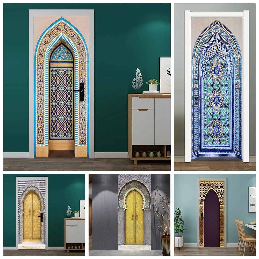 

Muslim Building Vinyl Decal Door Sticker 3D Removable Religious Waterproof Door Wallpaper For Door Home Decor Stickers Porte