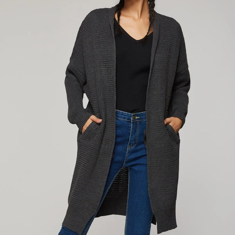 

Pure Color Mid-length Knitted Cardigan Women's Thick Autumn and Winter Long-sleeved Korean Sweater New Warm Jacket Cardigan