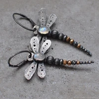 fonect creative round moonstone dragonfly earrings women vintage jewelry black beaded party metal long earrings