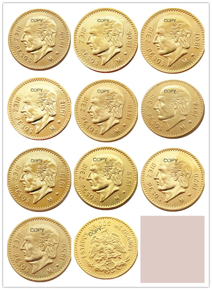 

(1905-1959) 10pcs Date For Chose Mexico 10 Pesos Gold Plated copy coin