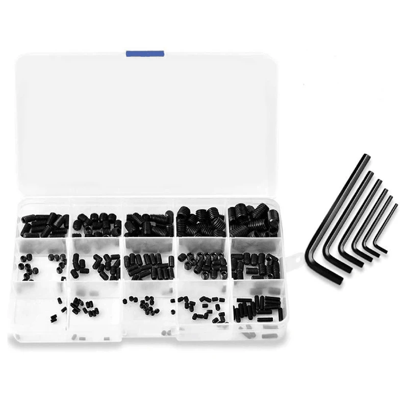 

300Pcs Boxed Black Zinc Plated Hexagon Socket Flat End Set Screw M3-M8 Set Screw + Wrench Tweezers