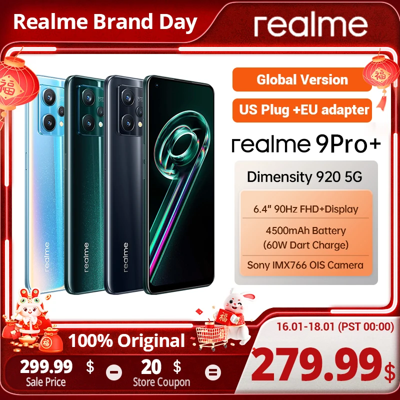 

Глобальная версия Мобильный телефон realme 9 pro plus 5G Смартфон Dimensity 920 Sony imx766 ois камера 60 Вт SuperDart AMOLED дисплей