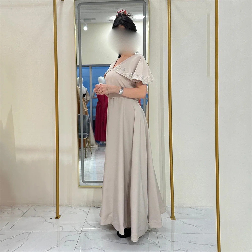 

GORGA Luxury V Neck SHort Sleeve Crystals A Line Evening Dress Floor Length Elegant Fashion Formal Prom Gown For Woman New 2023