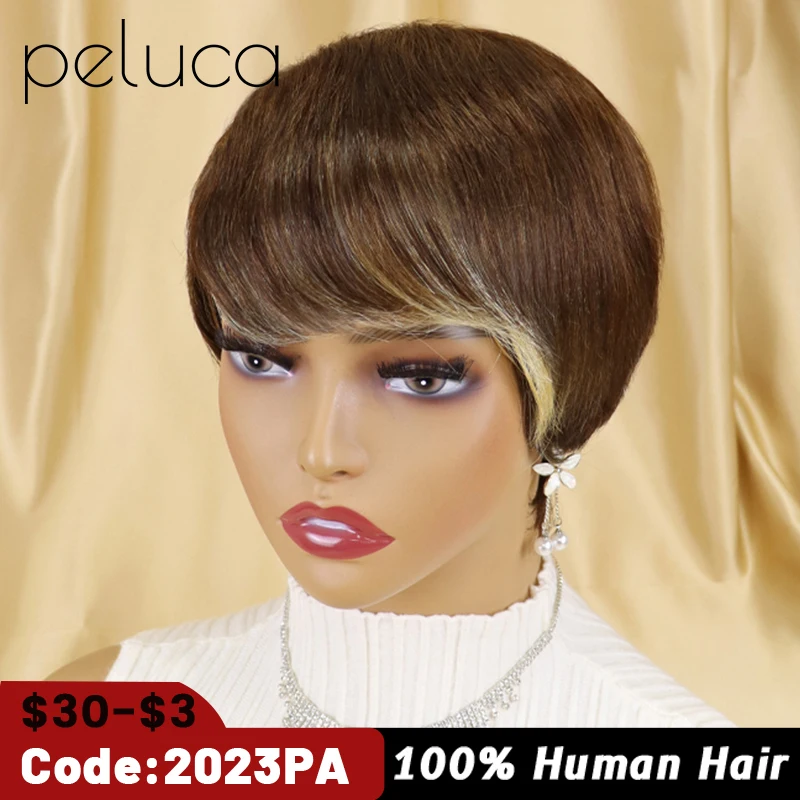 

Colored Short Pixie Cut Wig For Black Women Straight Burgundy Human Hair With Bangs Glueless Natural Brown Brazilian Hair Ombre