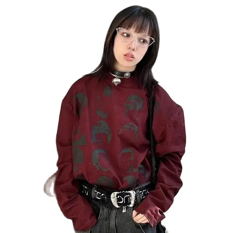 Футболка с принтом бордовая женская рубашка осенне-зимний дизайн американская