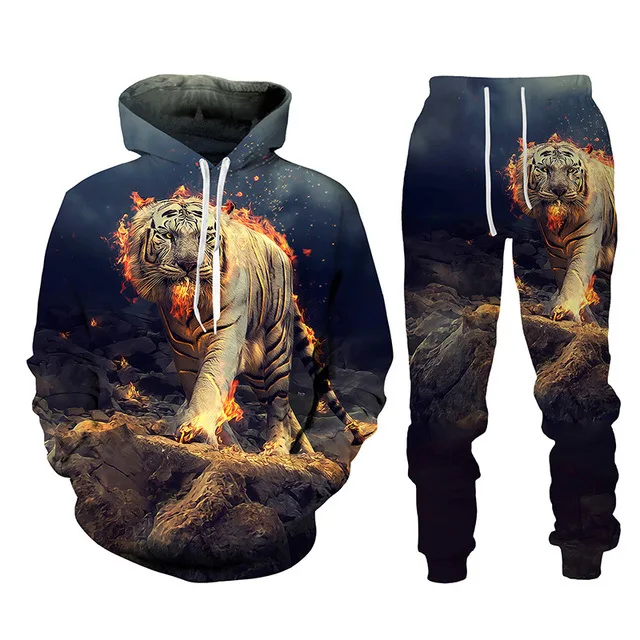 Hoodie Tracksuit Suit Long Sleeve Lion Print Men Spring And Autumn 2-Piece Set Oversized Pant Street Jogger Clothing