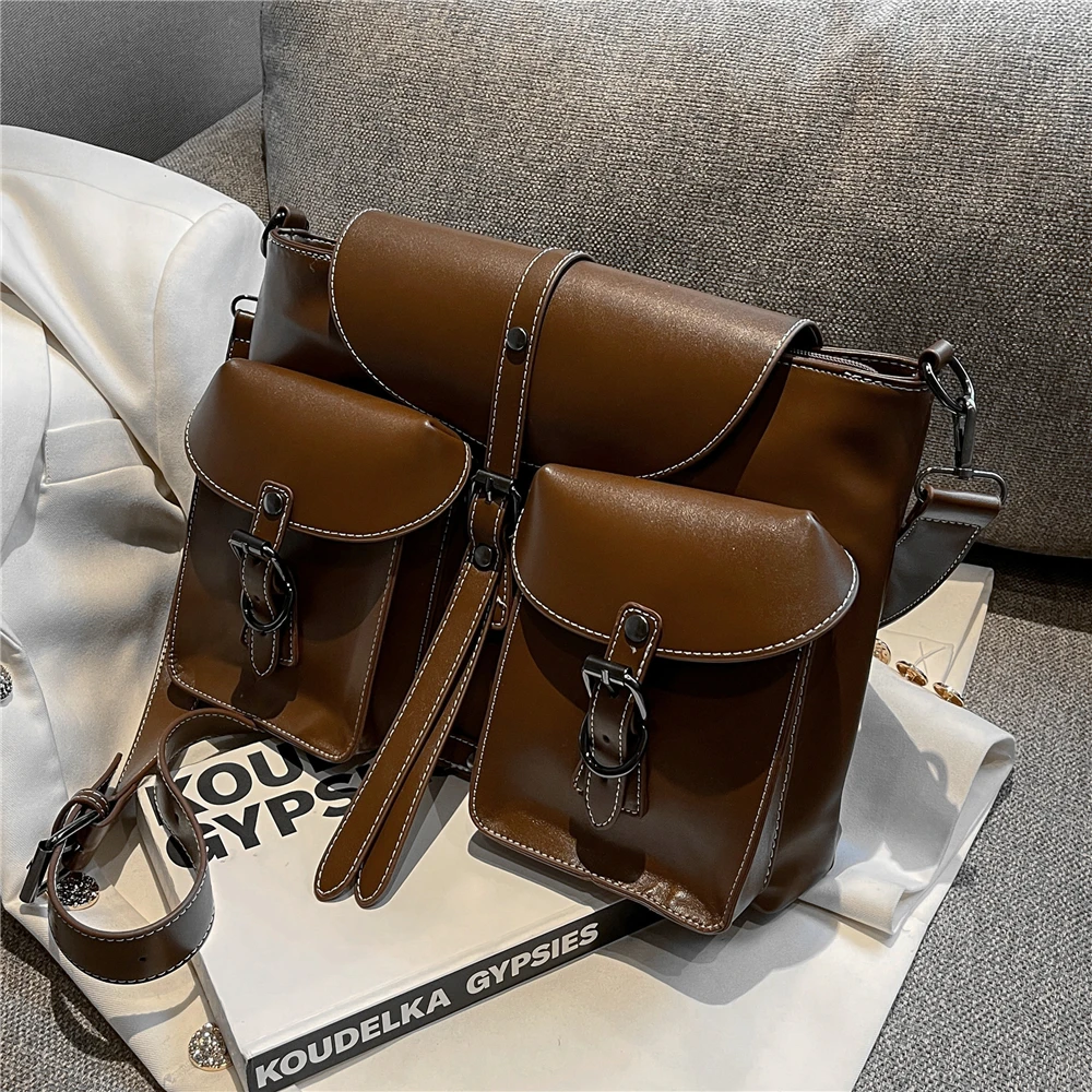 

Burminsa Multiple Pockets Large Shulder Messenger Bags For Women 2022 Vintage Designer Female Briefcase Satchel Ladies Handbags