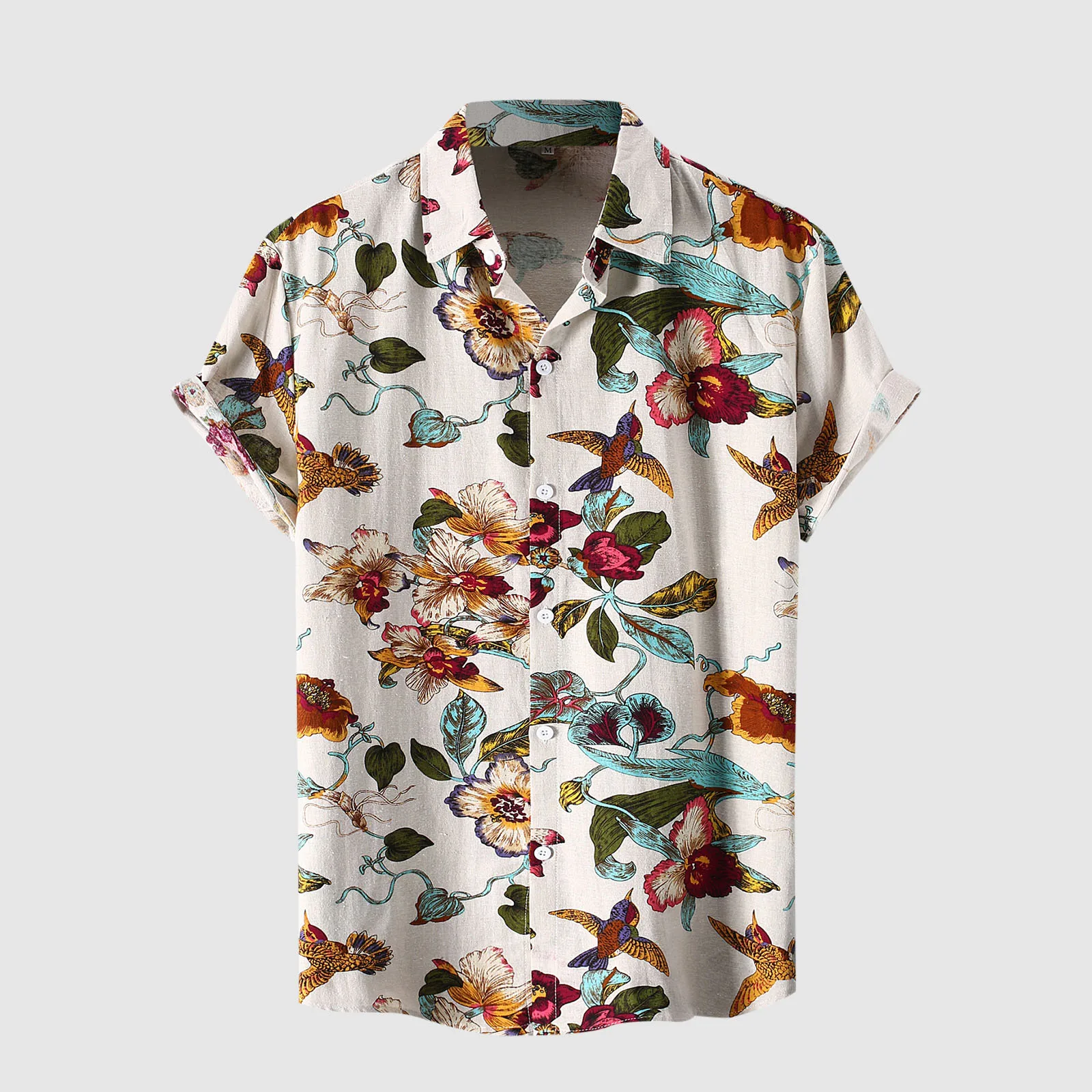 

Men's Hawaiian Bird And Flower Print Shirt Short Sleeve Turn-Down Collar Shirt Polyester White Undershirt