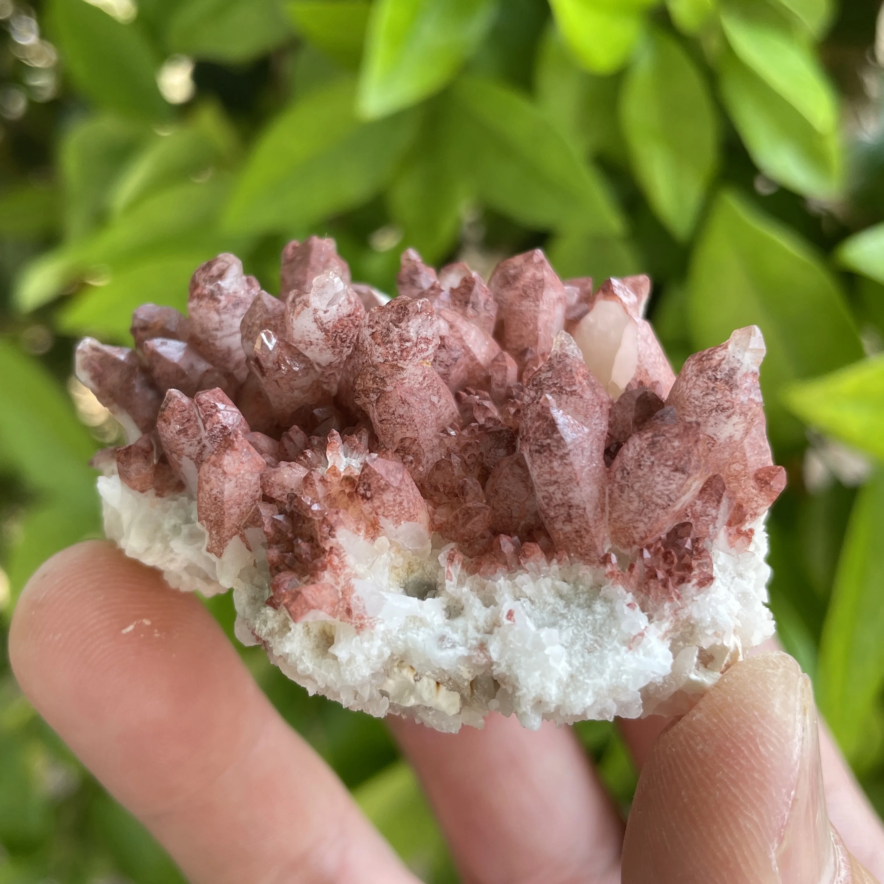 Натуральный красный прозрачный кварцевый кластер 55 г с белыми кристаллами