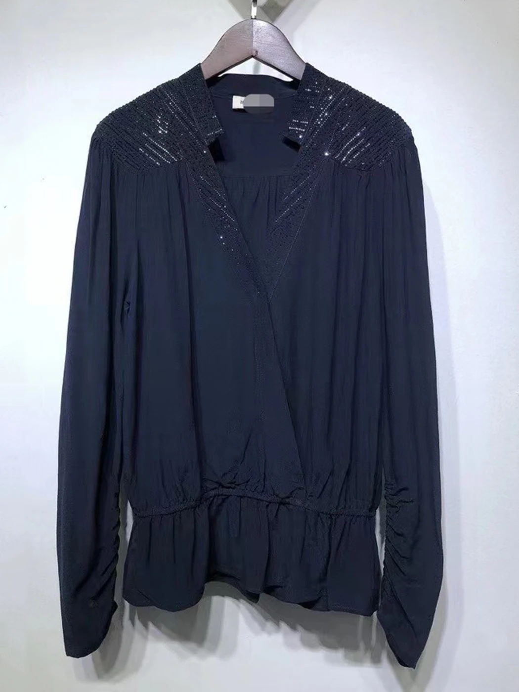 

Elegant Hot Rhinestone Blouse Women Spring Elastic Waist Women's Shirt Loose Chic Solid V-neck Generous Tops Blusas Feminina